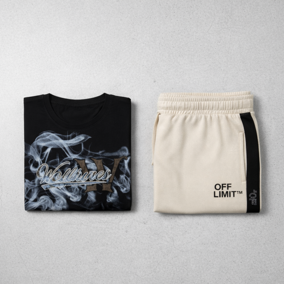 Wolftunes Black T-shirt + Off Limit Off White Track Pant