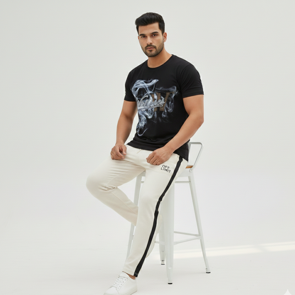 Wolftunes Black T-shirt + Off Limit Off White Track Pant
